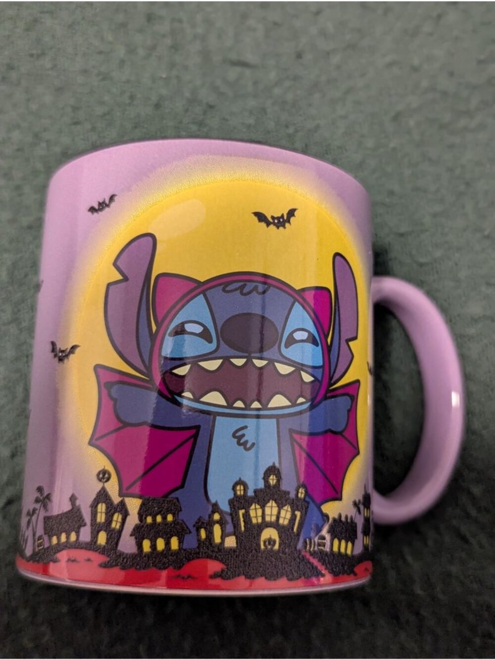 Disney Stitch Halloween Ceramic Mug 20 Oz Purple With Haunted House & Bat Design
